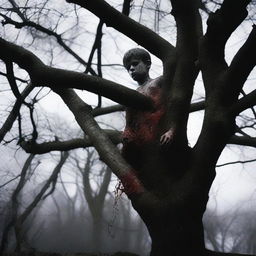 A dark and unsettling scene showing a deceased boy in a tree, with visible blood on the branches and ground