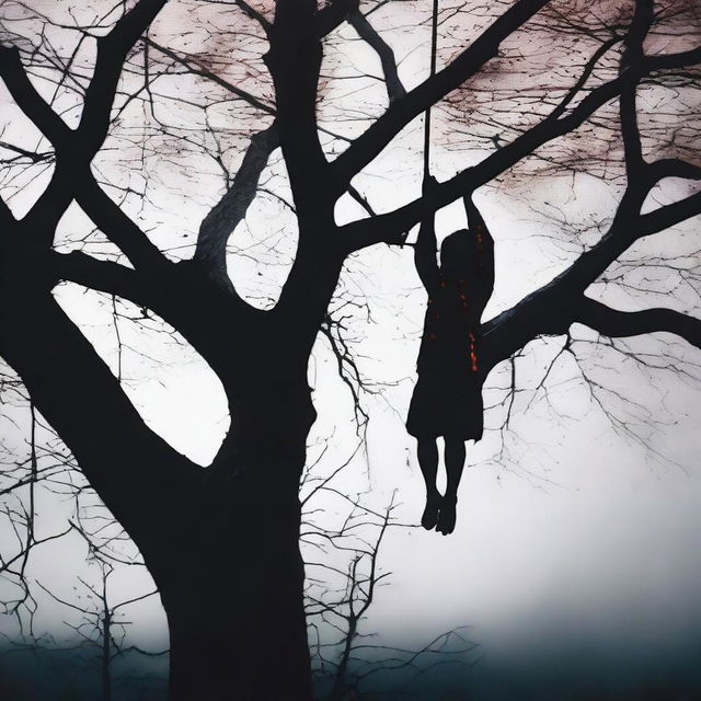 A dark and haunting scene depicting a deceased boy hanging from a tree with blood visible