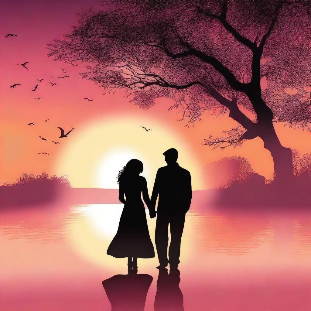 Create a book cover titled 'Love in the Shadows of Sunset'