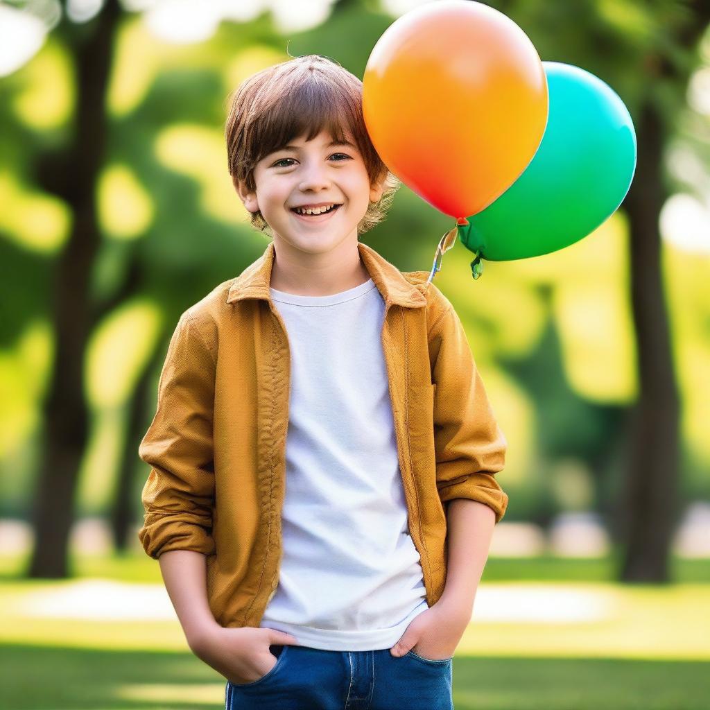 A young boy with a cheerful expression, wearing casual clothes and standing in a park on a sunny day