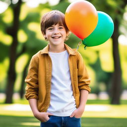 A young boy with a cheerful expression, wearing casual clothes and standing in a park on a sunny day