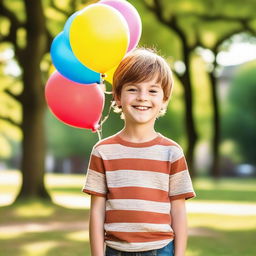 A young boy with a cheerful expression, wearing casual clothes and standing in a park on a sunny day