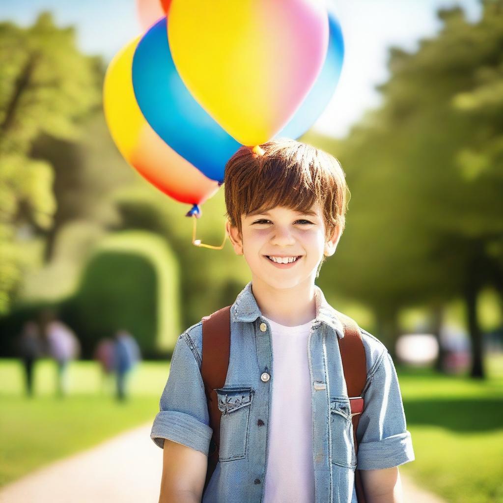 A young boy with a cheerful expression, wearing casual clothes and standing in a park on a sunny day