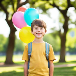 A young boy with a cheerful expression, wearing casual clothes and standing in a park on a sunny day