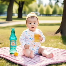 A baby sitting on a picnic blanket in a park, with a beer bottle nearby