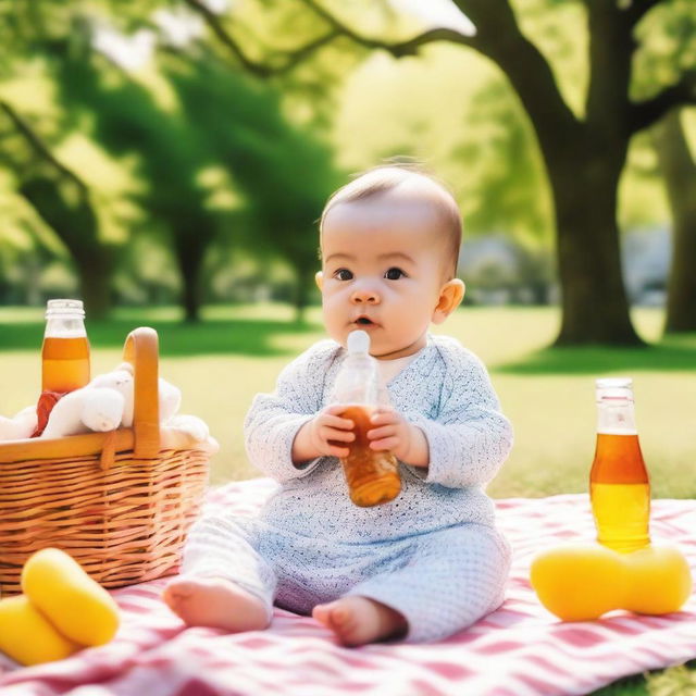 A baby sitting on a picnic blanket in a park, with a beer bottle nearby