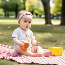 A baby sitting on a picnic blanket in a park, with a beer bottle nearby