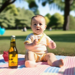 A baby sitting on a picnic blanket in a park, with a beer bottle nearby