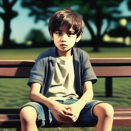 A young boy appearing disoriented and holding an empty bottle, sitting on a park bench