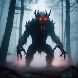 A fierce and terrifying monster standing in a dark, foggy forest