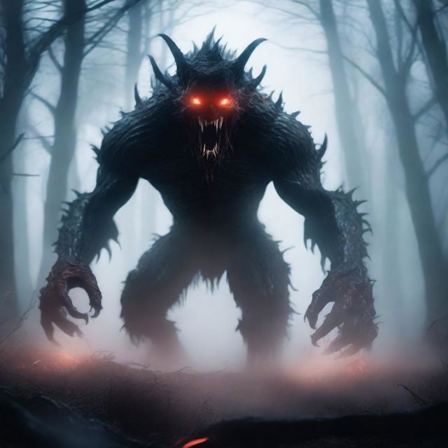 A fierce and terrifying monster standing in a dark, foggy forest