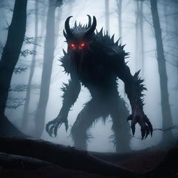 A fierce and terrifying monster standing in a dark, foggy forest