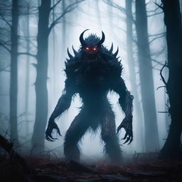 A fierce and terrifying monster standing in a dark, foggy forest