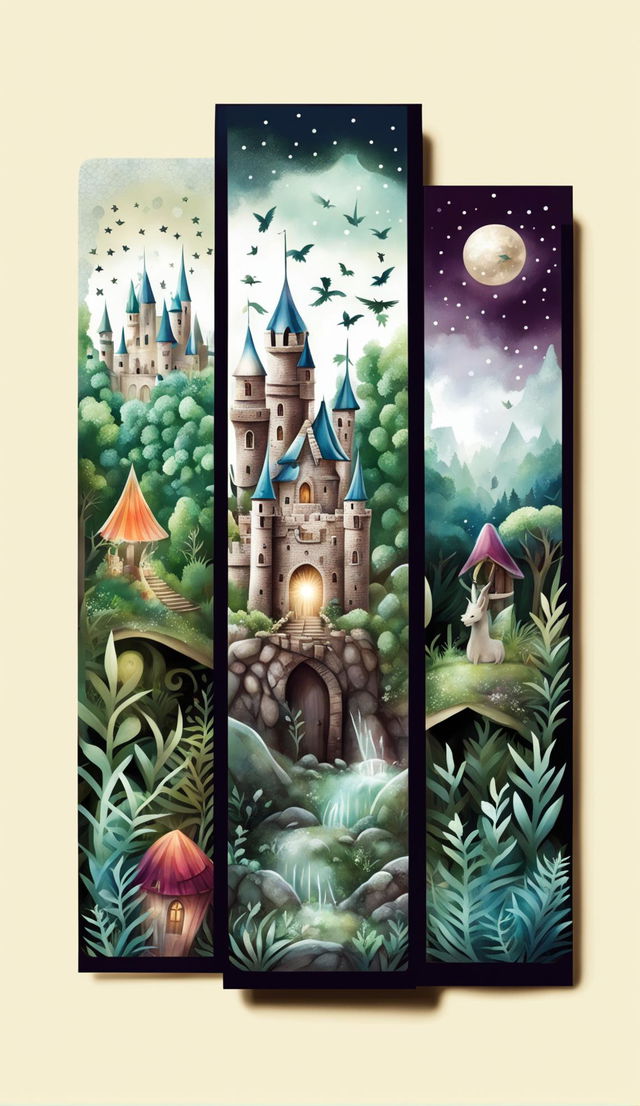 Design a beautiful, printable bookmark with a fairytale aesthetic, measuring 2"x7"