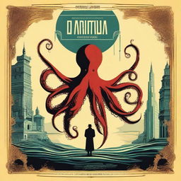 Create a retro movie poster titled 'L'Architettura Animale' featuring themes of a western film genre, Salvador Dali's surrealism, a giant octopus, David Bowie, and Leonardo da Vinci