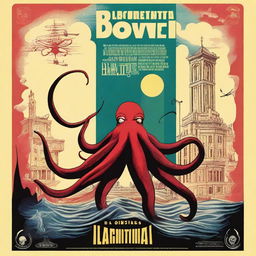 Create a retro movie poster titled 'L'Architettura Animale' featuring themes of a western film genre, Salvador Dali's surrealism, a giant octopus, David Bowie, and Leonardo da Vinci