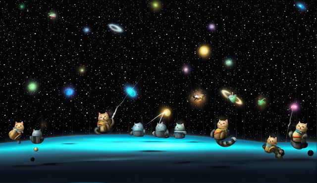 A funny zoom background featuring floating cats in space with a cosmic HD backdrop of stars, galaxies, and nebulae