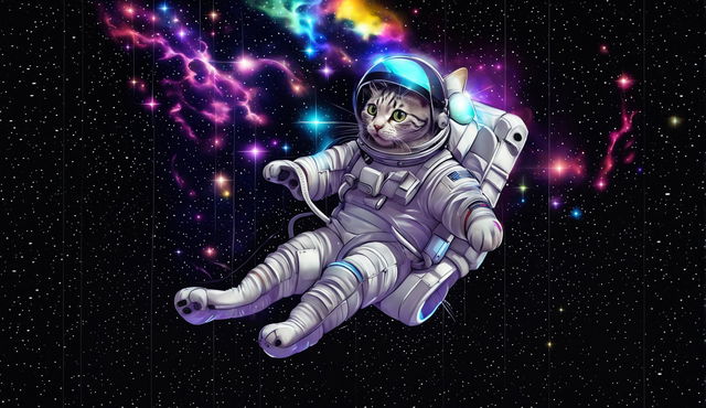 A high-definition, humorous masterpiece of a floating astronaut cat in space, with a detailed astronaut suit and a vibrant cosmic background