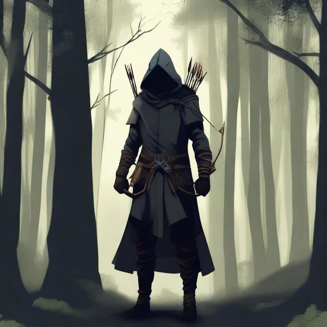 A hooded archer standing in a dense forest, with a bow in hand and a quiver of arrows on their back