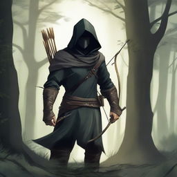 A hooded archer standing in a dense forest, with a bow in hand and a quiver of arrows on their back