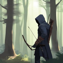 A hooded archer standing in a dense forest, with a bow in hand and a quiver of arrows on their back