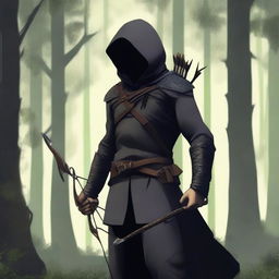 A hooded archer standing in a dense forest, with a bow in hand and a quiver of arrows on their back