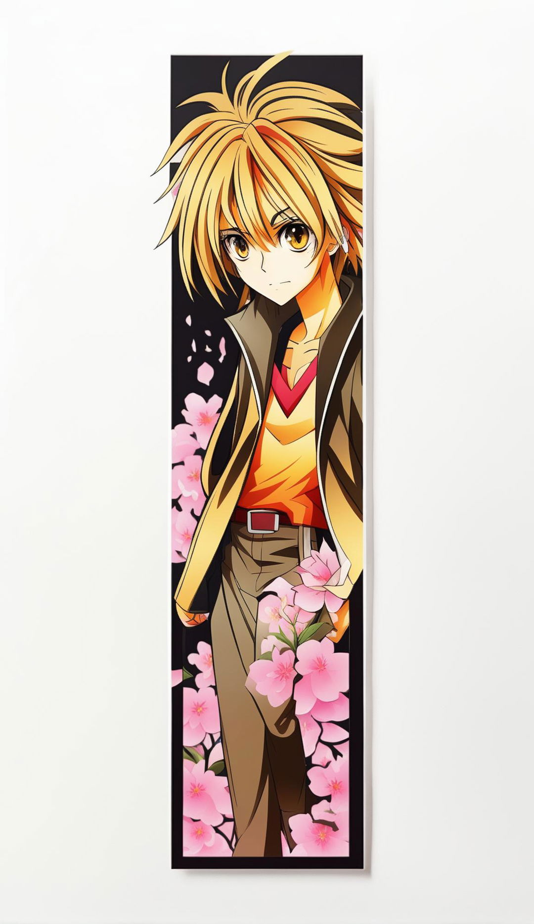 Design a beautiful, printable bookmark with an anime aesthetic, measuring 2"x7"