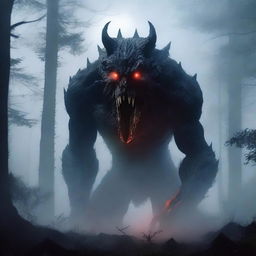 A gigantic and terrifying monster towering over a dark, foggy forest