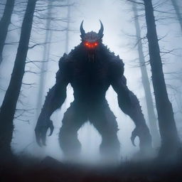 A gigantic and terrifying monster towering over a dark, foggy forest