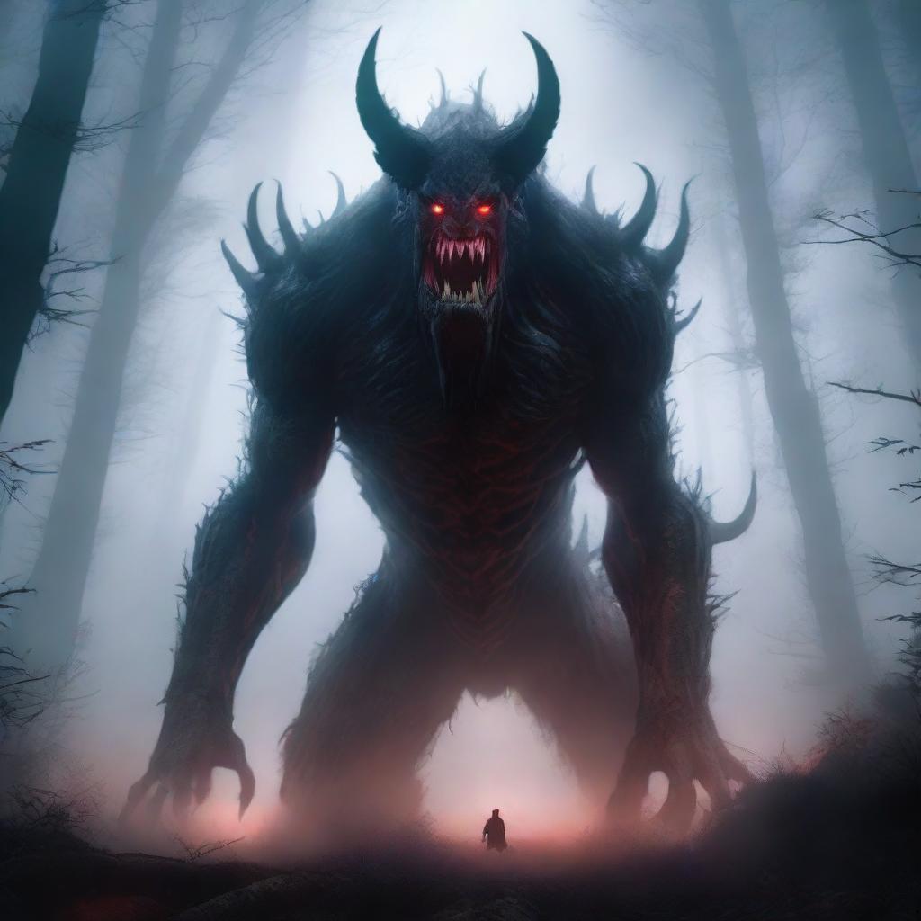 A gigantic and terrifying monster towering over a dark, foggy forest