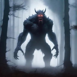 A gigantic and terrifying monster towering over a dark, foggy forest