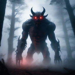 A gigantic and grotesque monster towering over a dark, foggy forest