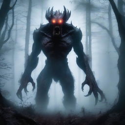 A gigantic and grotesque monster towering over a dark, foggy forest