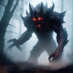 A gigantic and grotesque monster towering over a dark, foggy forest