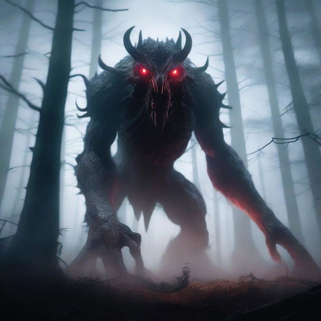 A gigantic and grotesque monster towering over a dark, foggy forest