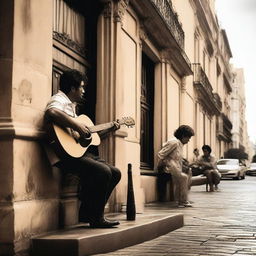 A distant relationship between a man with a guitar and a woman in the city of Buenos Aires