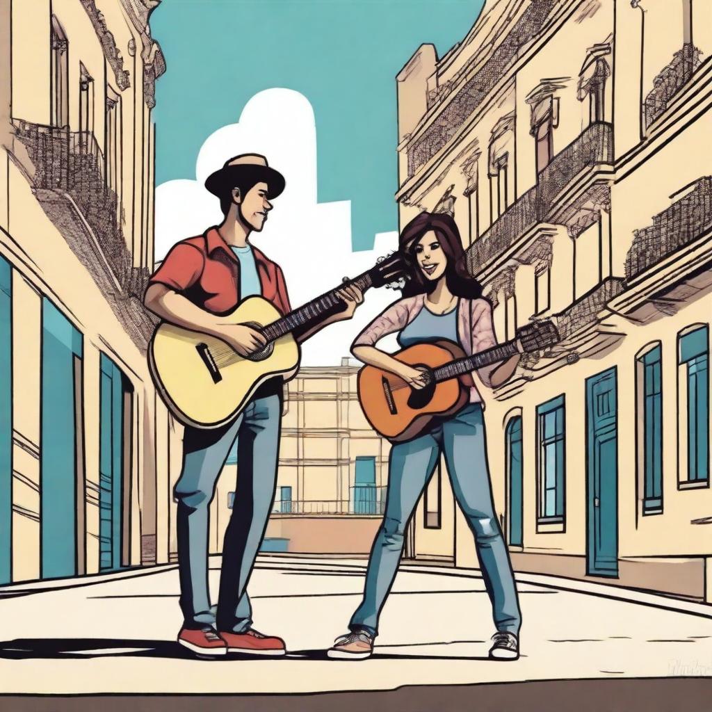 Create a realistic cartoon image of a relationship between a young man with a guitar and a girl in the city of Buenos Aires