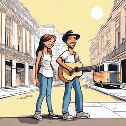 Create a realistic cartoon image of a relationship between a young man with a guitar and a girl in the city of Buenos Aires