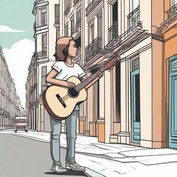 Create a realistic cartoon image of a relationship between a young man with a guitar and a girl in the city of Buenos Aires