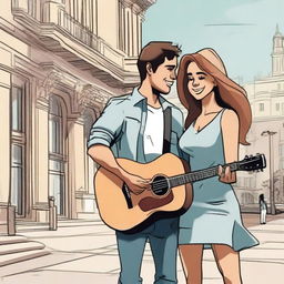 Create a realistic cartoon image of a relationship between a young man with a guitar and a girl in the city of Buenos Aires