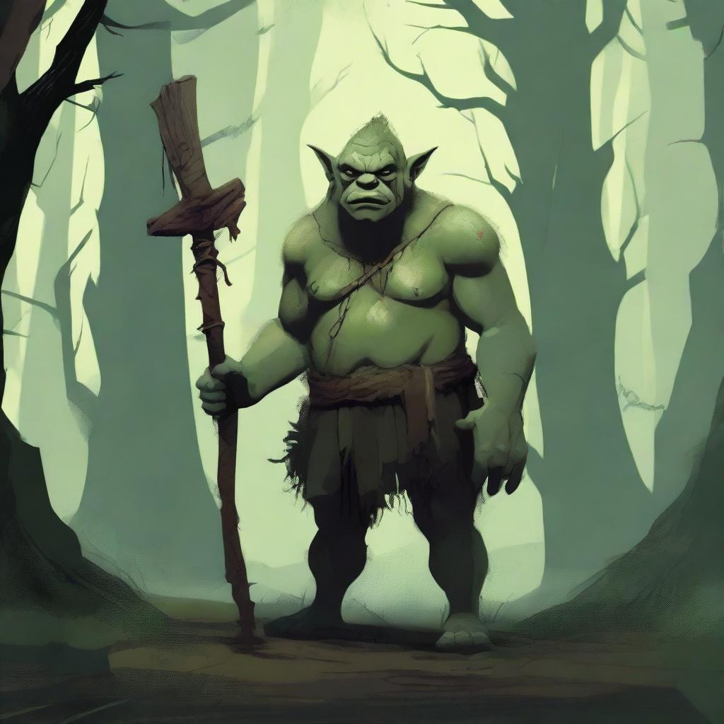 An ugly ogre boy standing in a dark, mystical forest