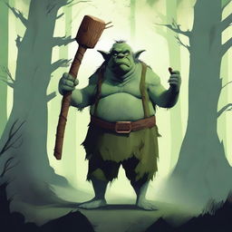 An ugly ogre boy standing in a dark, mystical forest