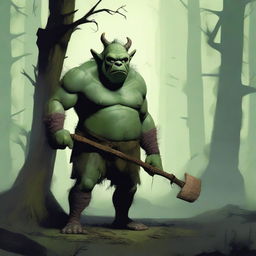 An ugly ogre boy standing in a dark, mystical forest