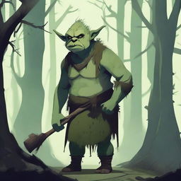 An ugly ogre boy standing in a dark, mystical forest