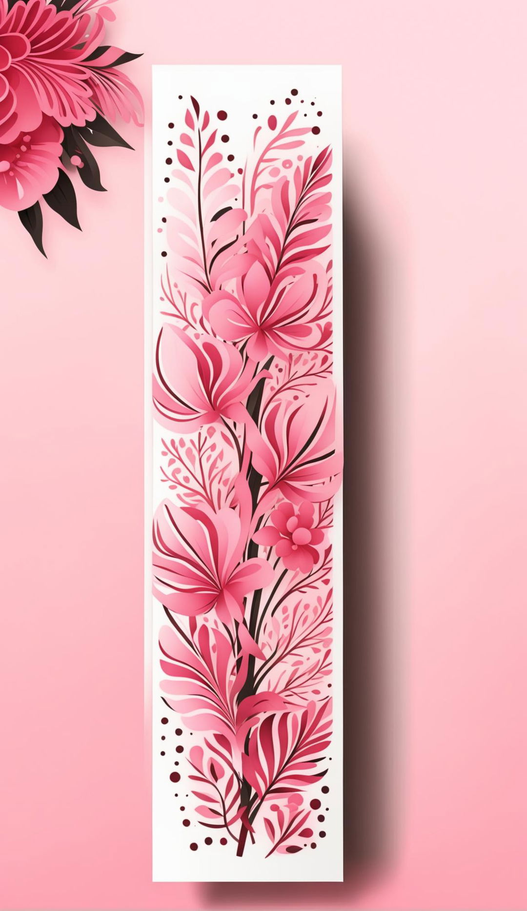 Design a beautiful, printable bookmark with a pink aesthetic, measuring 2"x7"