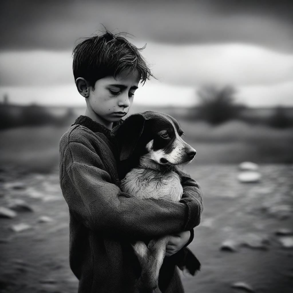 A somber scene of a boy holding a dead dog in his arms