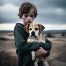 A somber scene of a boy holding a dead dog in his arms