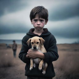 A somber scene of a boy holding a dead dog in his arms