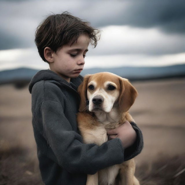 A somber scene of a boy holding a dead dog in his arms