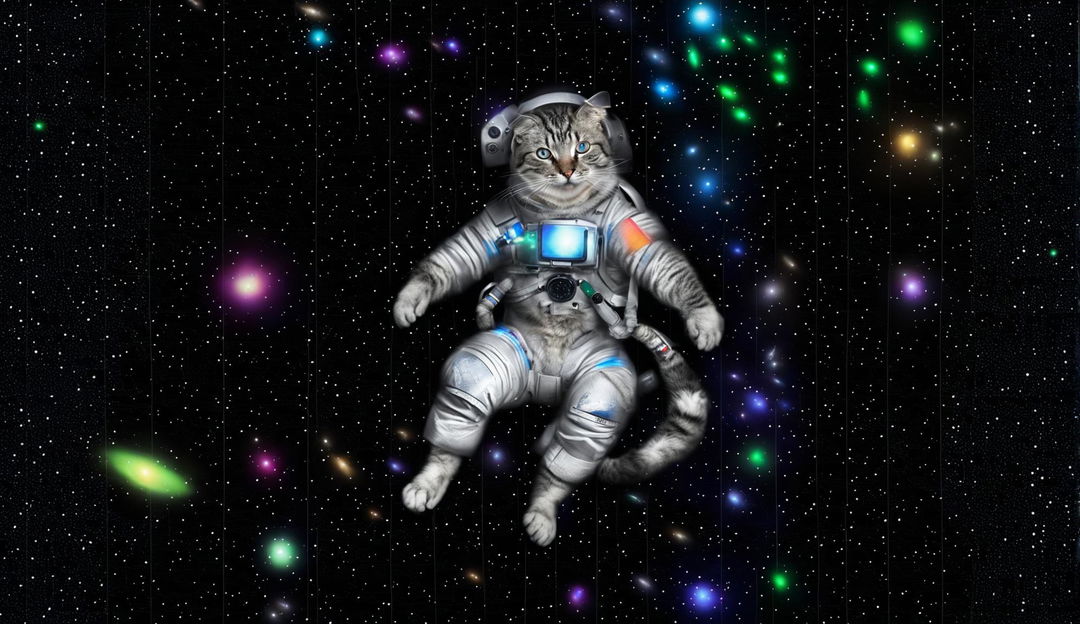 A high-definition, humorous masterpiece of a floating astronaut cat in space, now positioned further in the distance